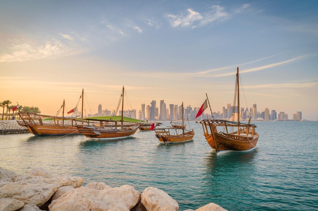boats, gulf, qatar, doha, nature, water, sea, ocean, persian gulf, arabic, arab, city, skyscrapers, buildings, cityscape, skyline, asia